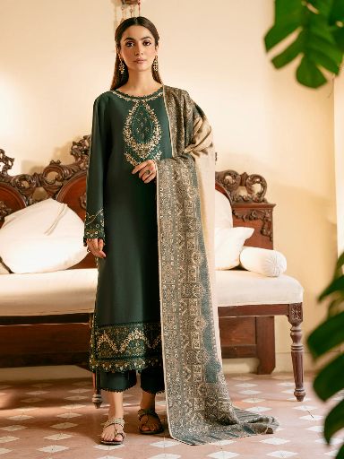 IZEL-3PC lawn EMBROIDERED SHIRT WITH COURTRAI voil Lawn PRINT SHAWL AND TROUSER-BIC-4394