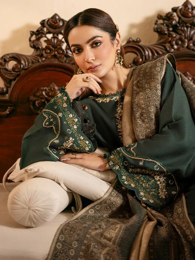 IZEL-3PC lawn EMBROIDERED SHIRT WITH COURTRAI voil Lawn PRINT SHAWL AND TROUSER-BIC-4394