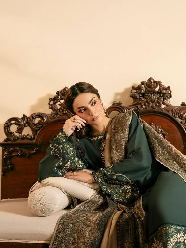 IZEL-3PC lawn EMBROIDERED SHIRT WITH COURTRAI voil Lawn PRINT SHAWL AND TROUSER-BIC-4394