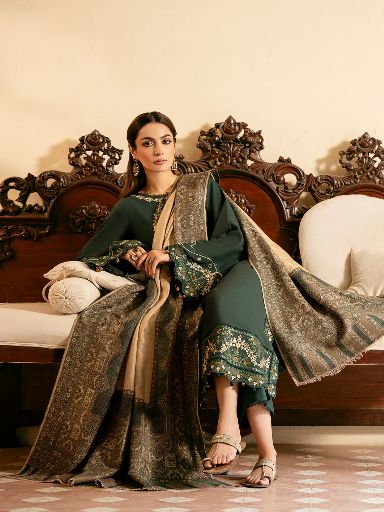 IZEL-3PC lawn EMBROIDERED SHIRT WITH COURTRAI voil Lawn PRINT SHAWL AND TROUSER-BIC-4394