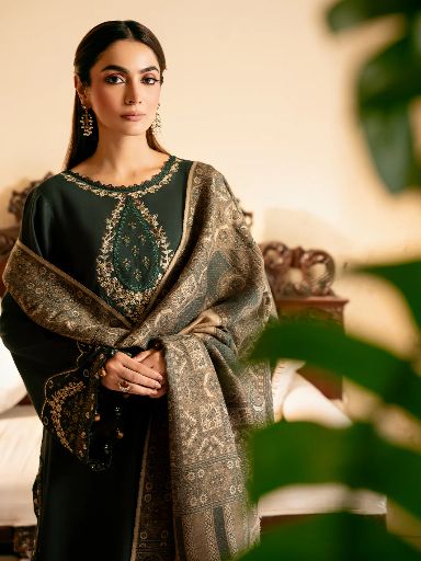 IZEL-3PC lawn EMBROIDERED SHIRT WITH COURTRAI voil Lawn PRINT SHAWL AND TROUSER-BIC-4394