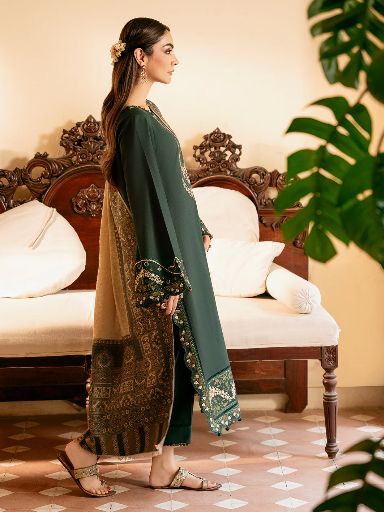 IZEL-3PC lawn EMBROIDERED SHIRT WITH COURTRAI voil Lawn PRINT SHAWL AND TROUSER-BIC-4394